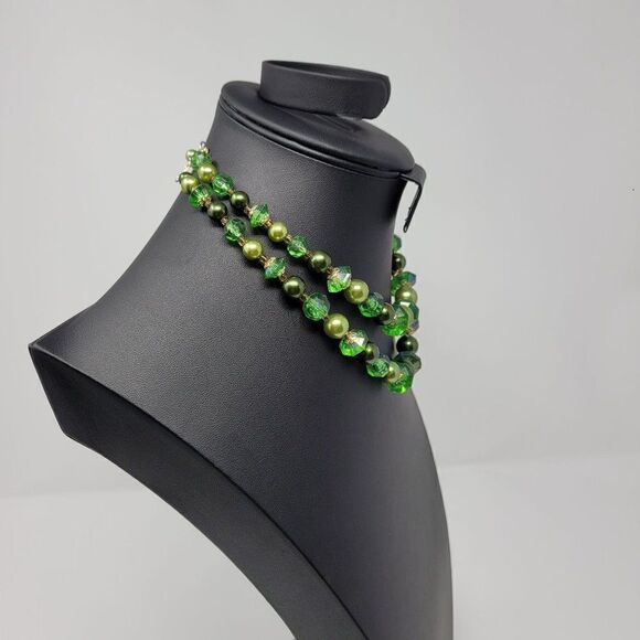 Vintage 80s Double Strand Choker Necklace‎ Green Gold Beaded Multi-strand - Picture 13 of 14